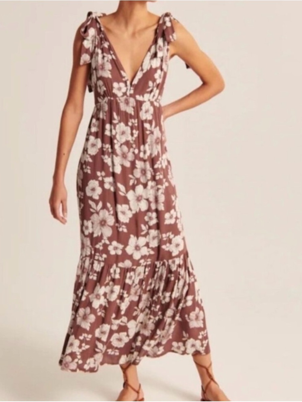 Abercrombie & Fitch Dusty Mauve Floral Tie-Shoulder Maxi Dress